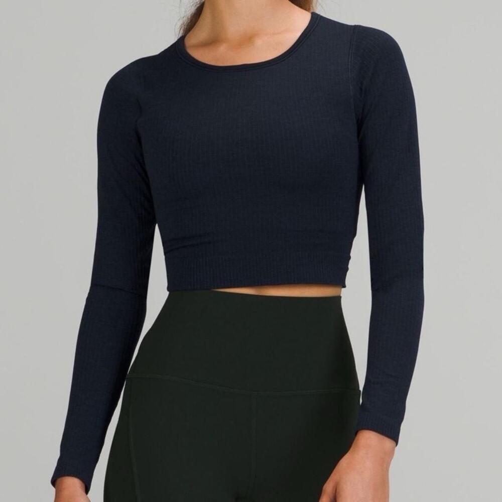 Lululemon Ebb To Street Long Sleeve Navy Crop Top Ribbed 2